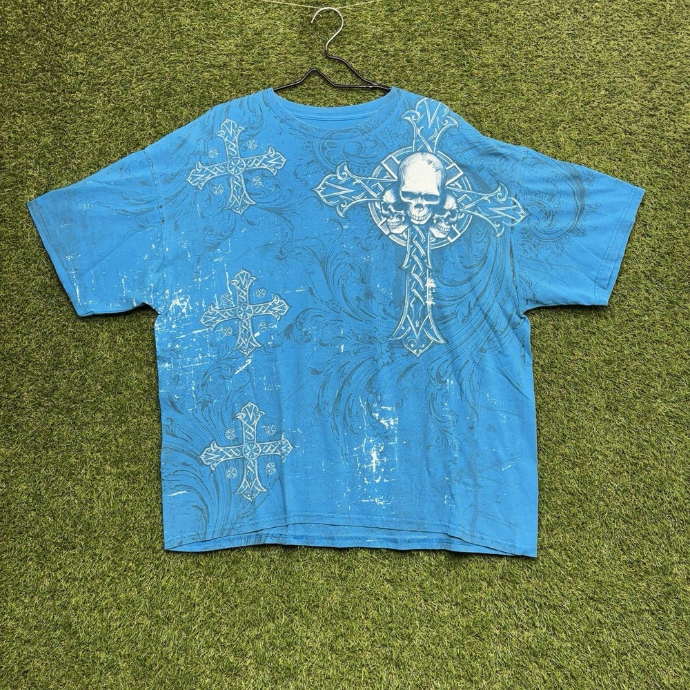 MMA Elite Shirt Mens 2XL Wings Cross Y2K All Over Print Skull 90s AOP Grunge